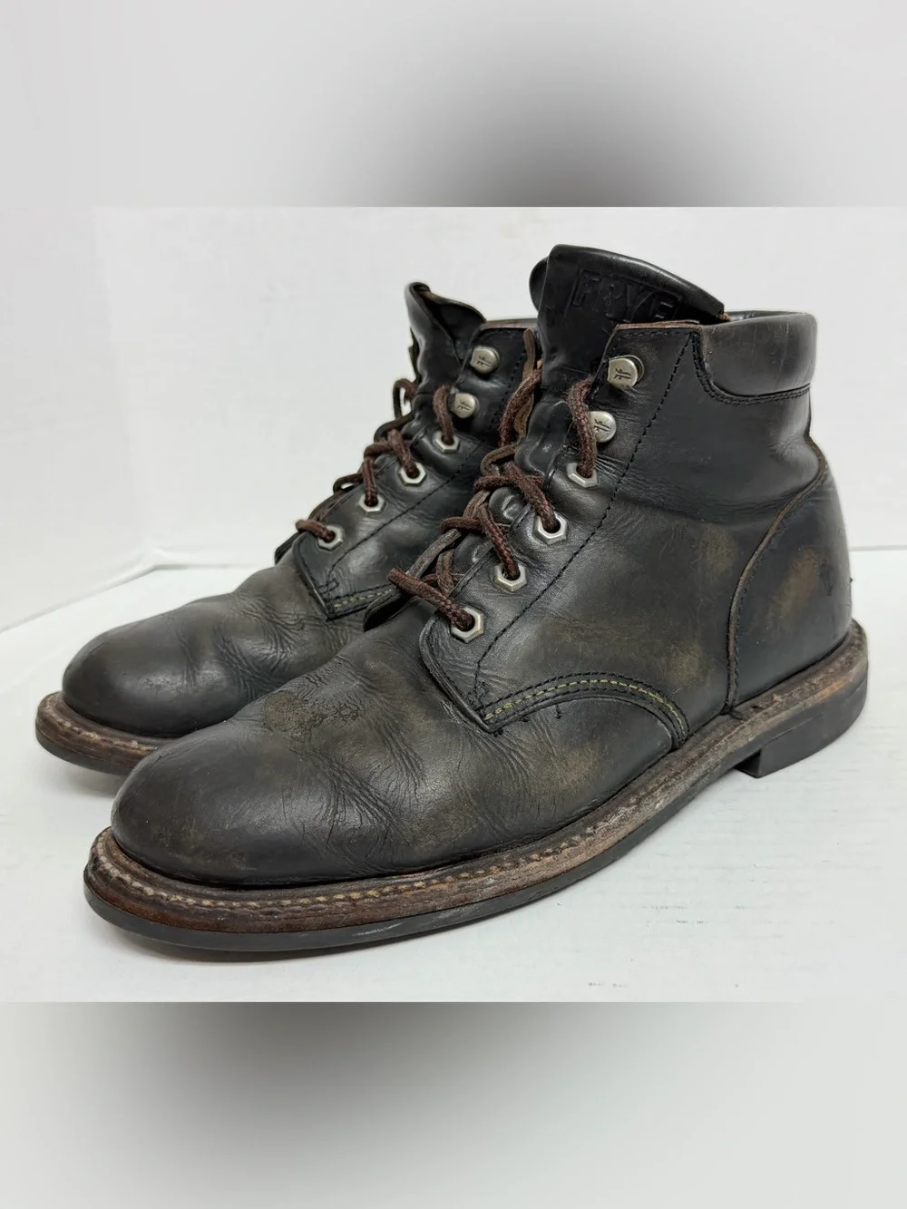 Frye Hudson Leather Work Boots $368 Smoky Black Mens US Size 7.5